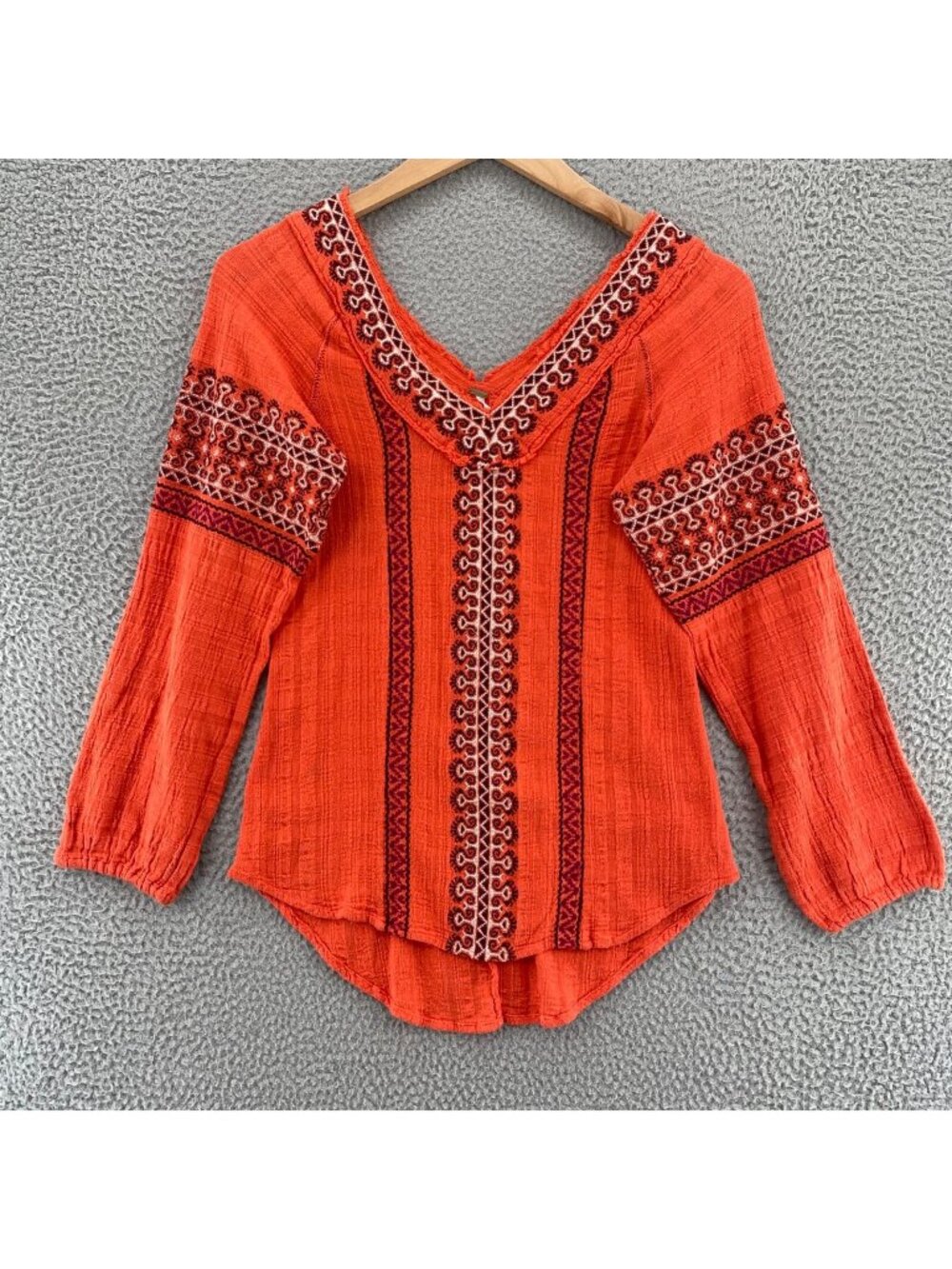 Free People Top Womens Small Orange Fair Isle Double V Neck Gauze Long Sleeves